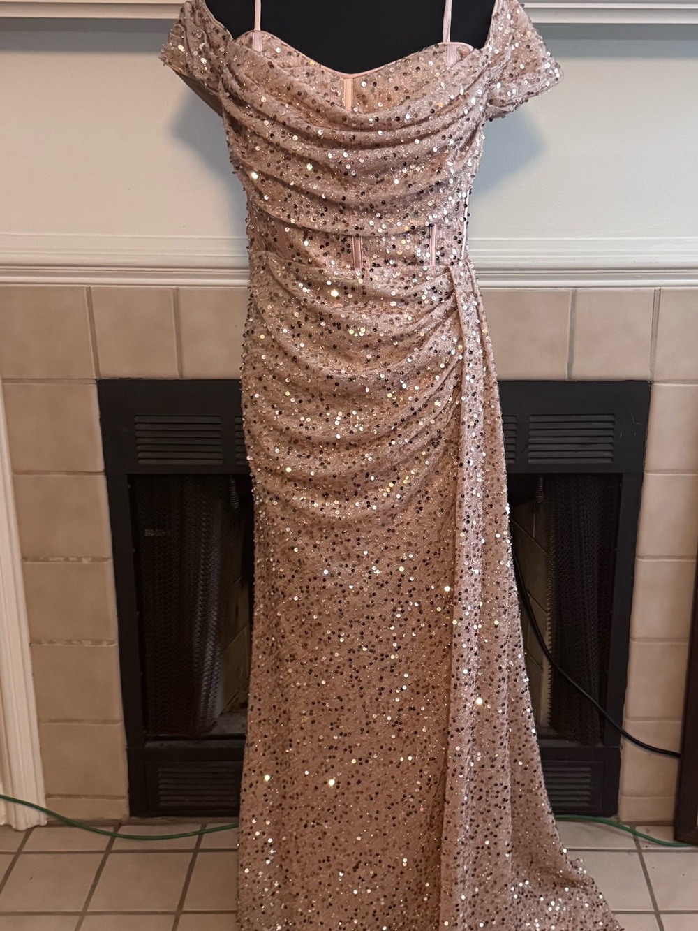 Unithorse Cream and Gold Sequin Soft Shoulder Gown